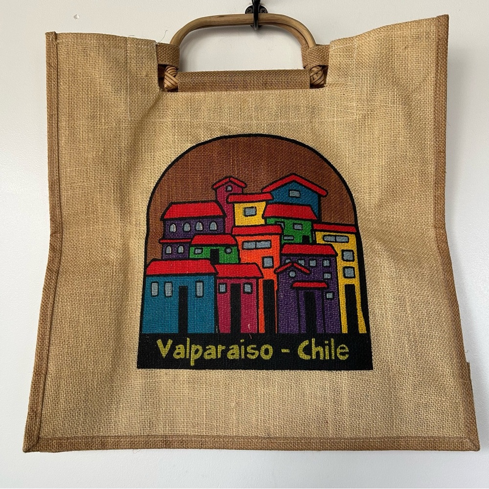 Chile Graphic Burlap Tote Bag Shopper Bamboo Handle